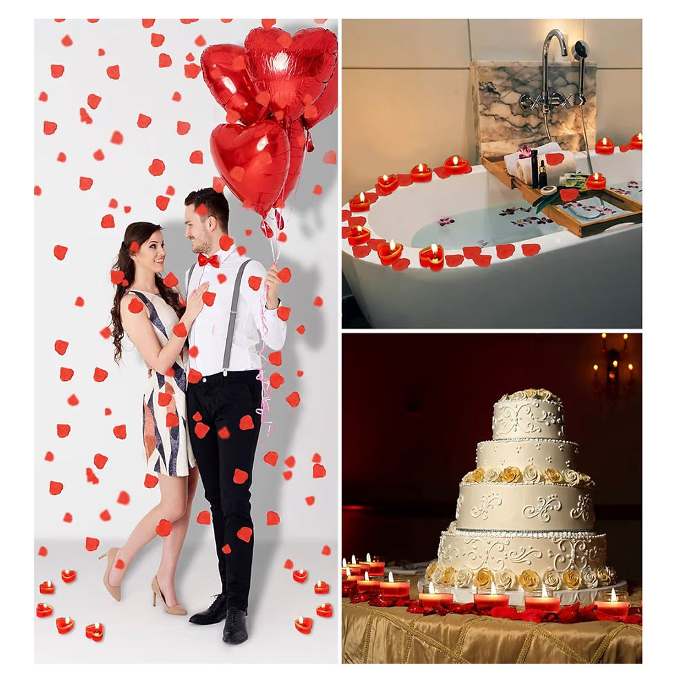 Miniaturbild: Romantic collage: couple, bath with petals, and elegant wedding cake.