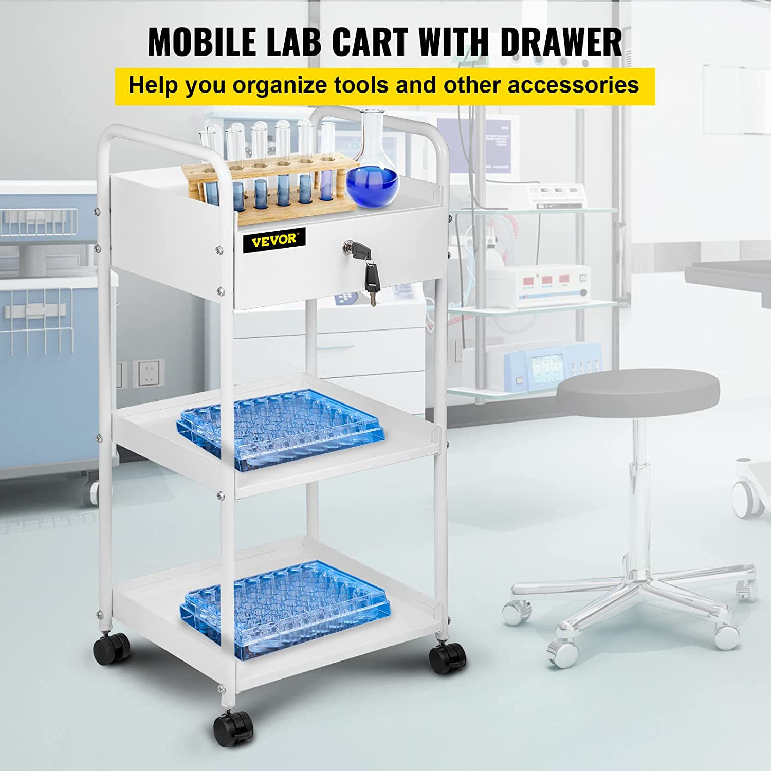 VEVOR Lab Cart, 3 Tiers Lab Trolley, Steel Lab Utility Cart, 360° Rolling Lab