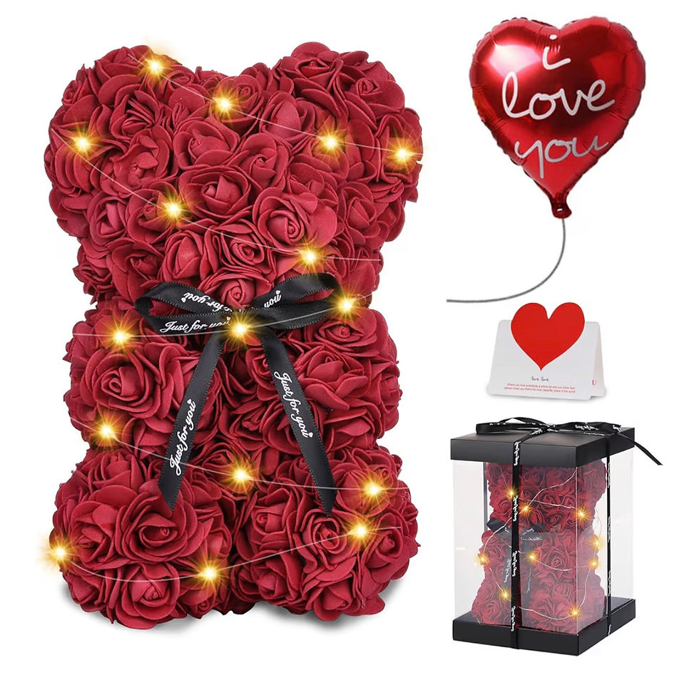 Miniaturbild: Illuminated red rose bear, I love you heart balloon, and small gift box.