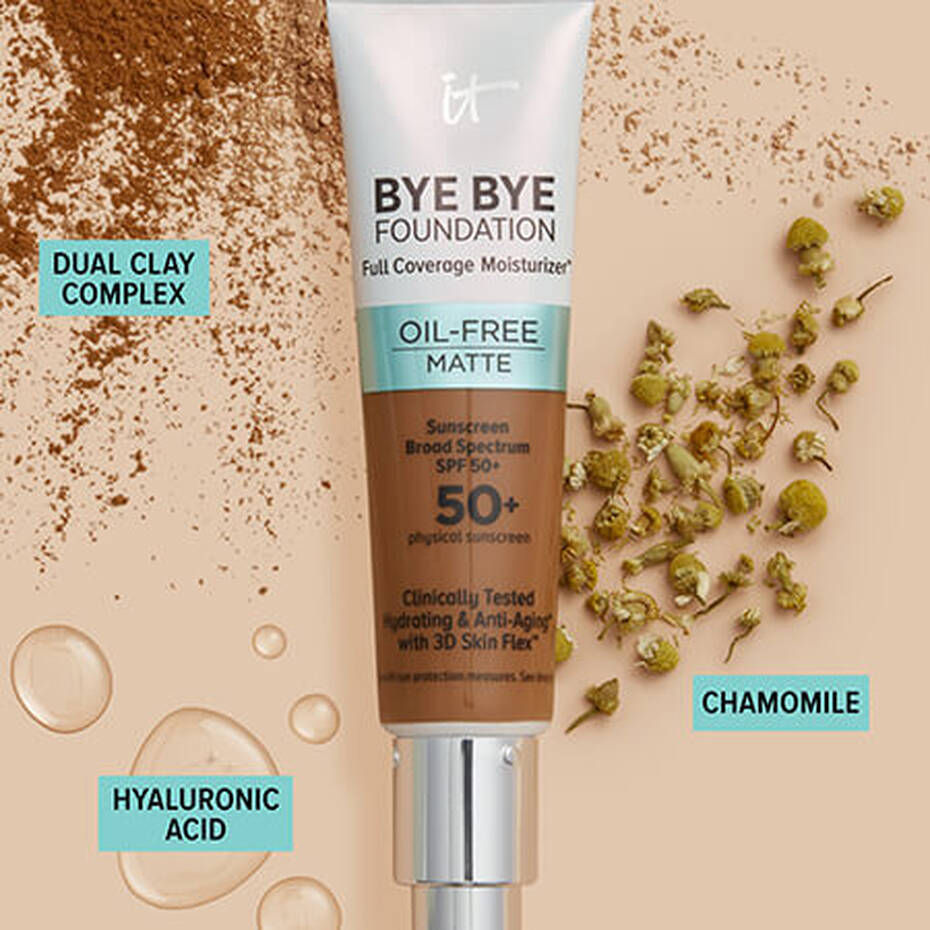IT Cosmetics Bye Bye Foundation Full Coverage Matte SPF 50+ face cream with chamomile.