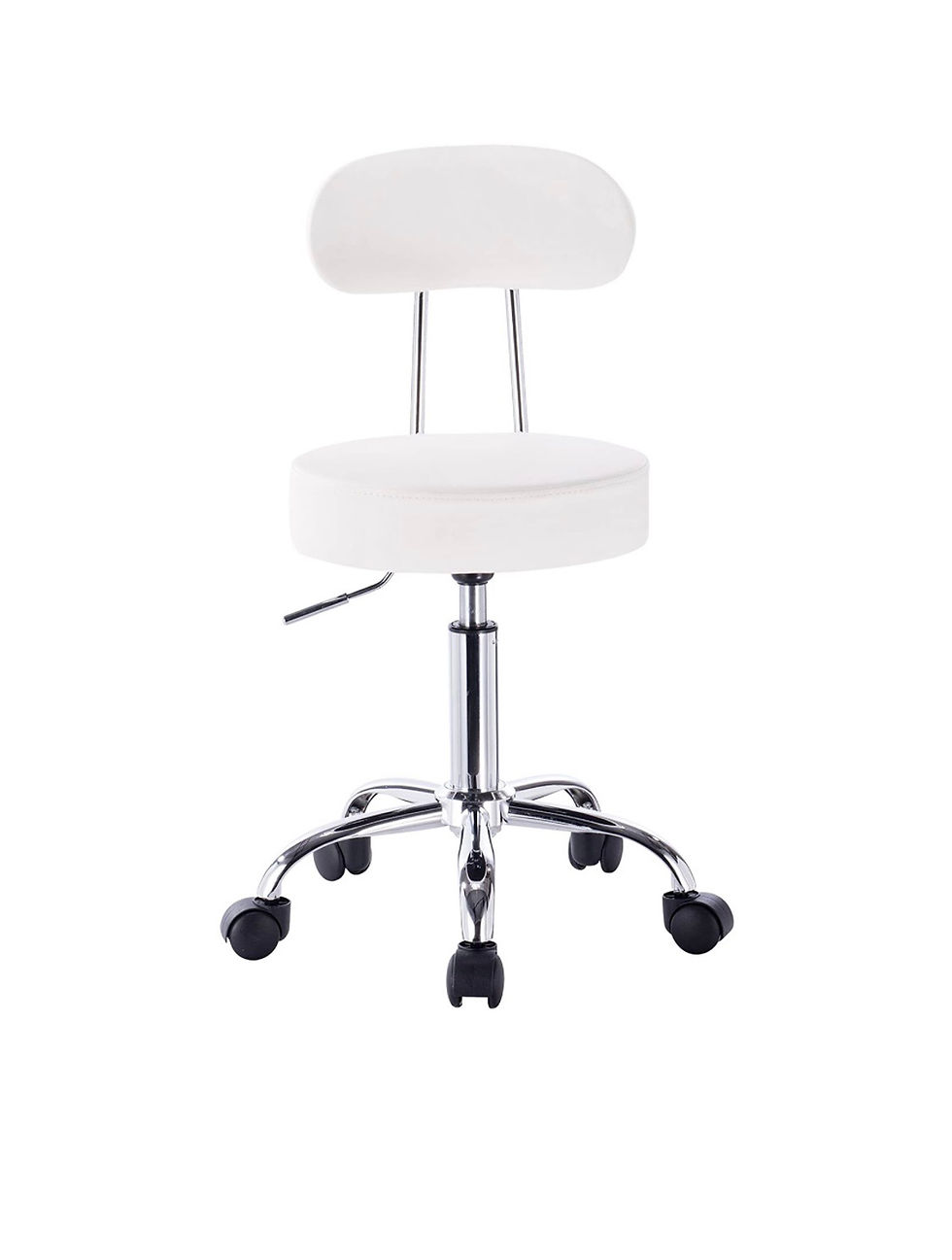 Thumbnail: White adjustable rolling stool on wheels, perfect for salon or office use.