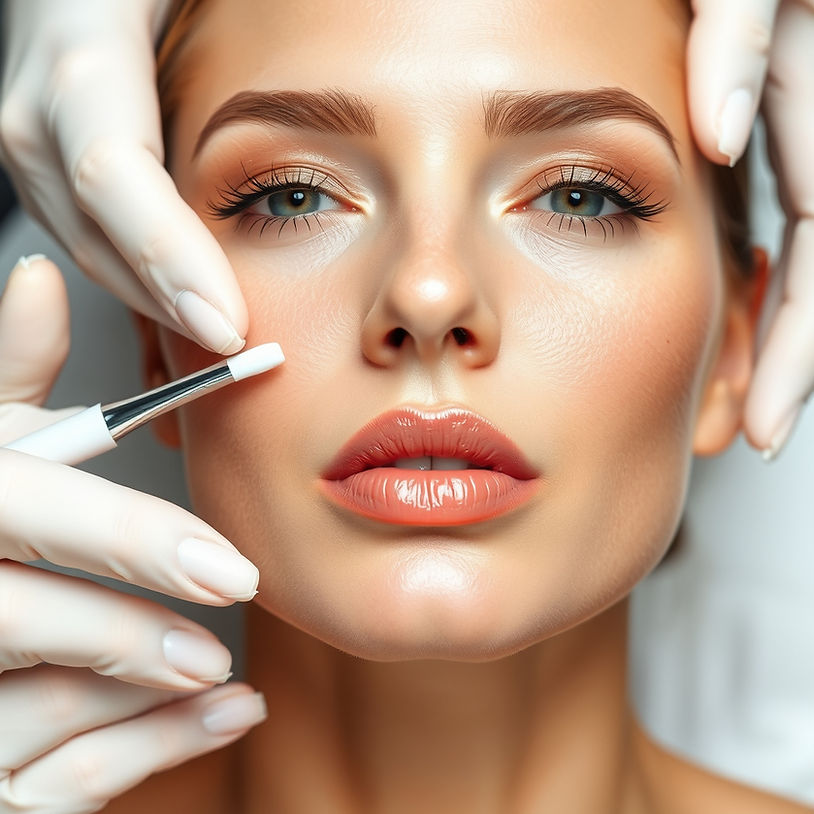 Woman's face receiving cosmetic treatment, with gloved hands and a brush