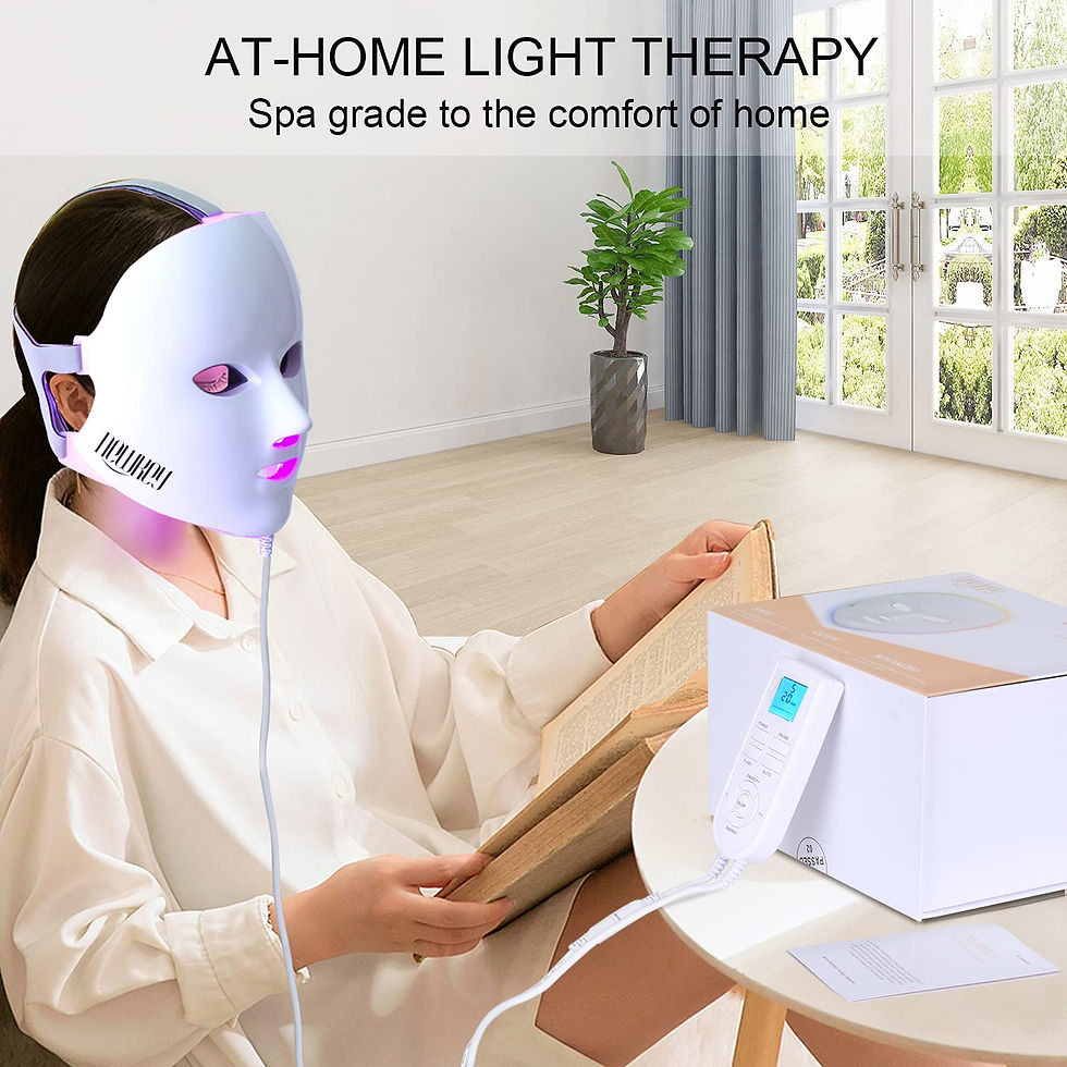 Miniatură: Woman wearing LED light therapy mask with text reading 