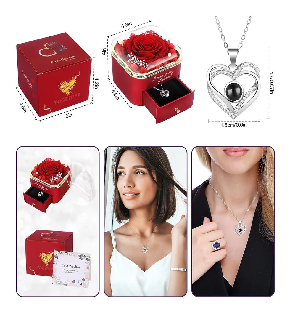 Miniaturbild: Red preserved rose box, heart necklace, beautiful woman wearing jewelry.