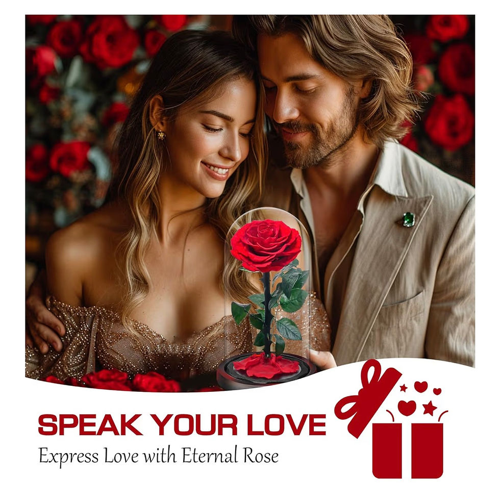 Miniaturbild: Couple admiring eternal red rose, 'SPEAK YOUR LOVE', 'Express Love with Eternal Rose'.