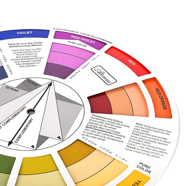 Miniaturebillede: Color wheel showing various colors and shades, including red, orange, and violet.