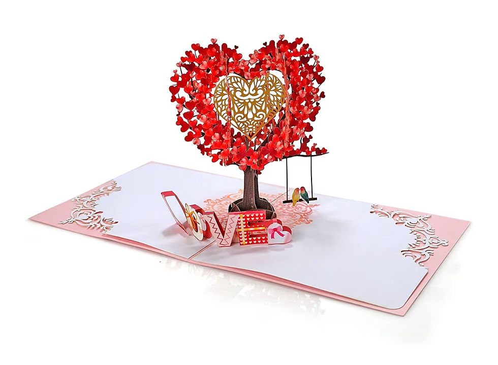 Miniaturbild: Pop-up card with red heart tree, golden heart, swing, beach chair.