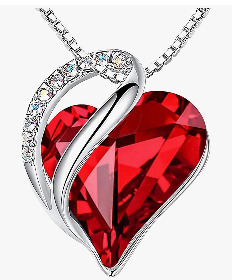 Miniatură: Sparkling red crystal heart pendant with silver setting and small iridescent gems.