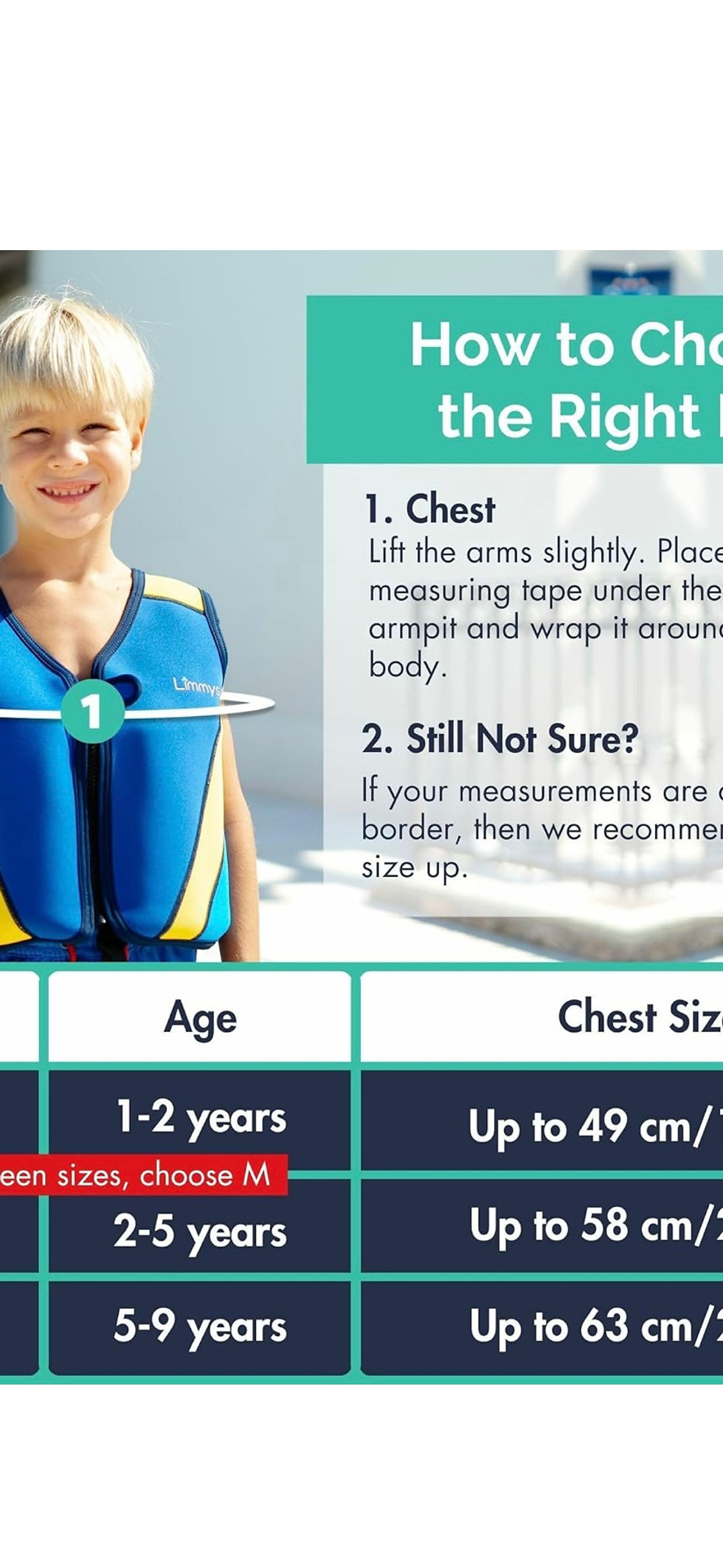 Thumbnail: Young boy wearing life vest. How to Choose the Right Fit? Size chart.