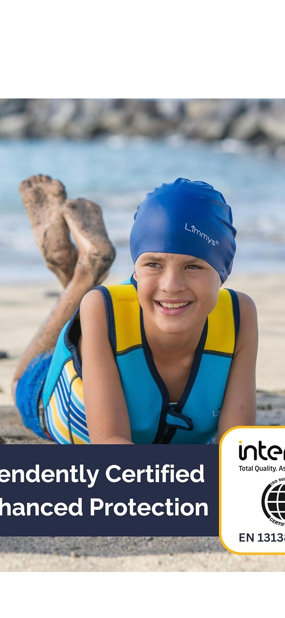 Thumbnail: Young boy wearing swim cap and life vest at beach, Independently Certified for Protection.