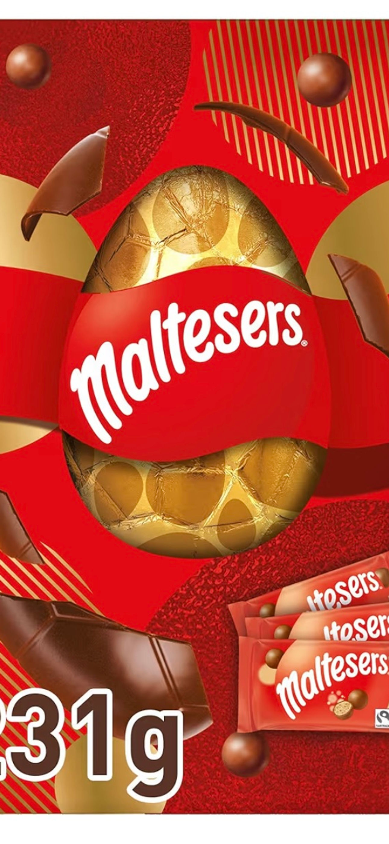 Maltesers Easter egg packaging with visible text 231g and Maltesers logo.