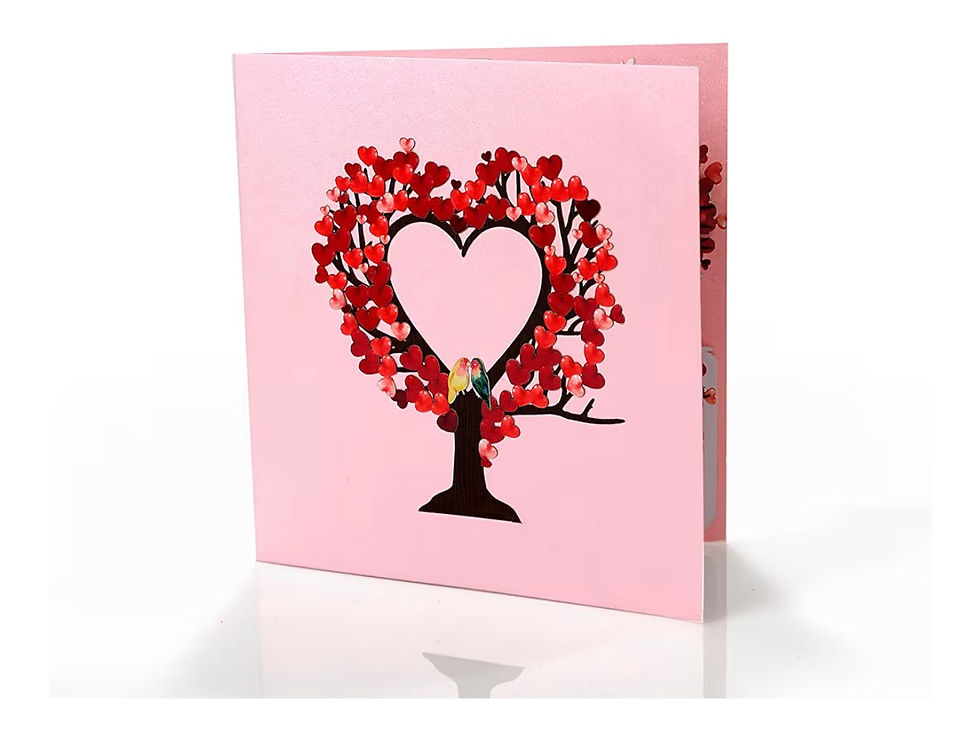 Thumbnail: Pink greeting card with pop-up tree of red hearts and birds.
