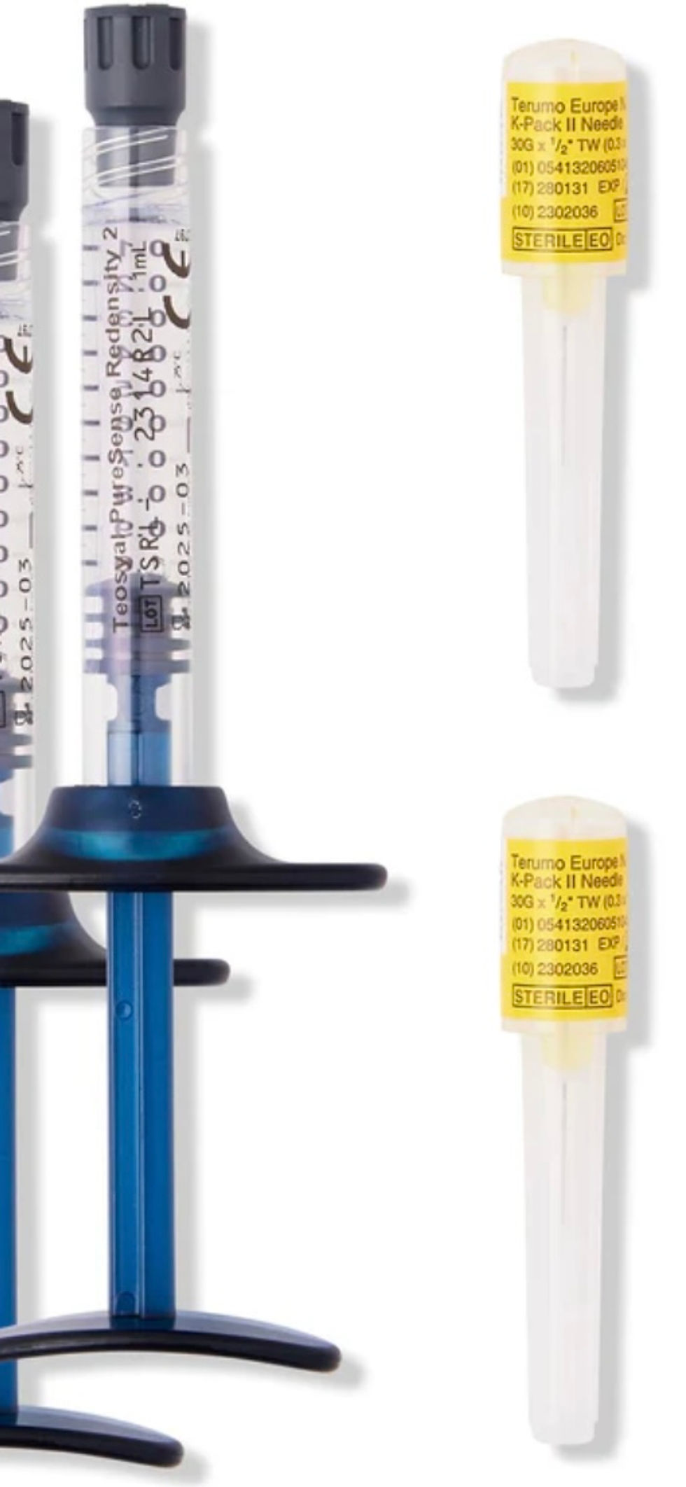 Miniatura: Two syringes with needles, blue, and three additional needle tips prepared for use.