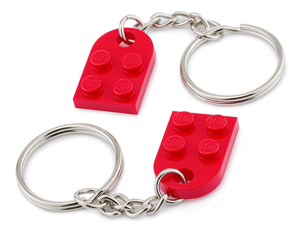 Thumbnail: Two red LEGO brick keychains connected by silver chains and rings.