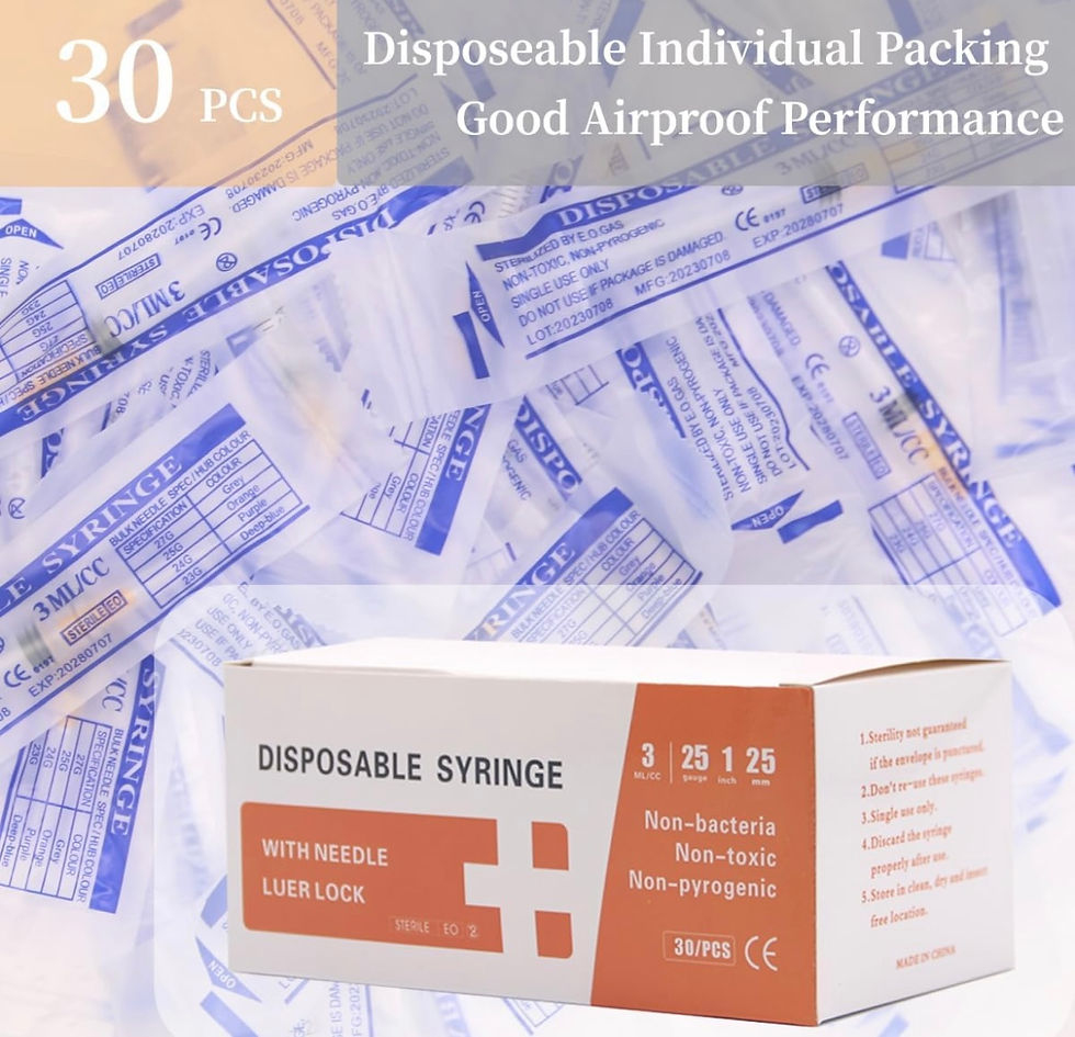 Miniaturebillede: Box of disposable syringes. Text: 30 PCS, Disposable Individual Packing, Good Airproof Performance.