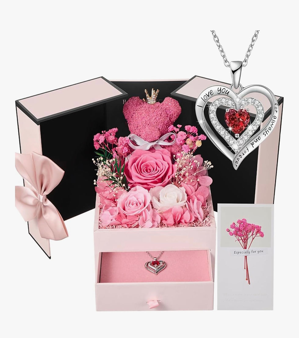 Thumbnail: Pink preserved roses gift box with heart necklace and drawer.