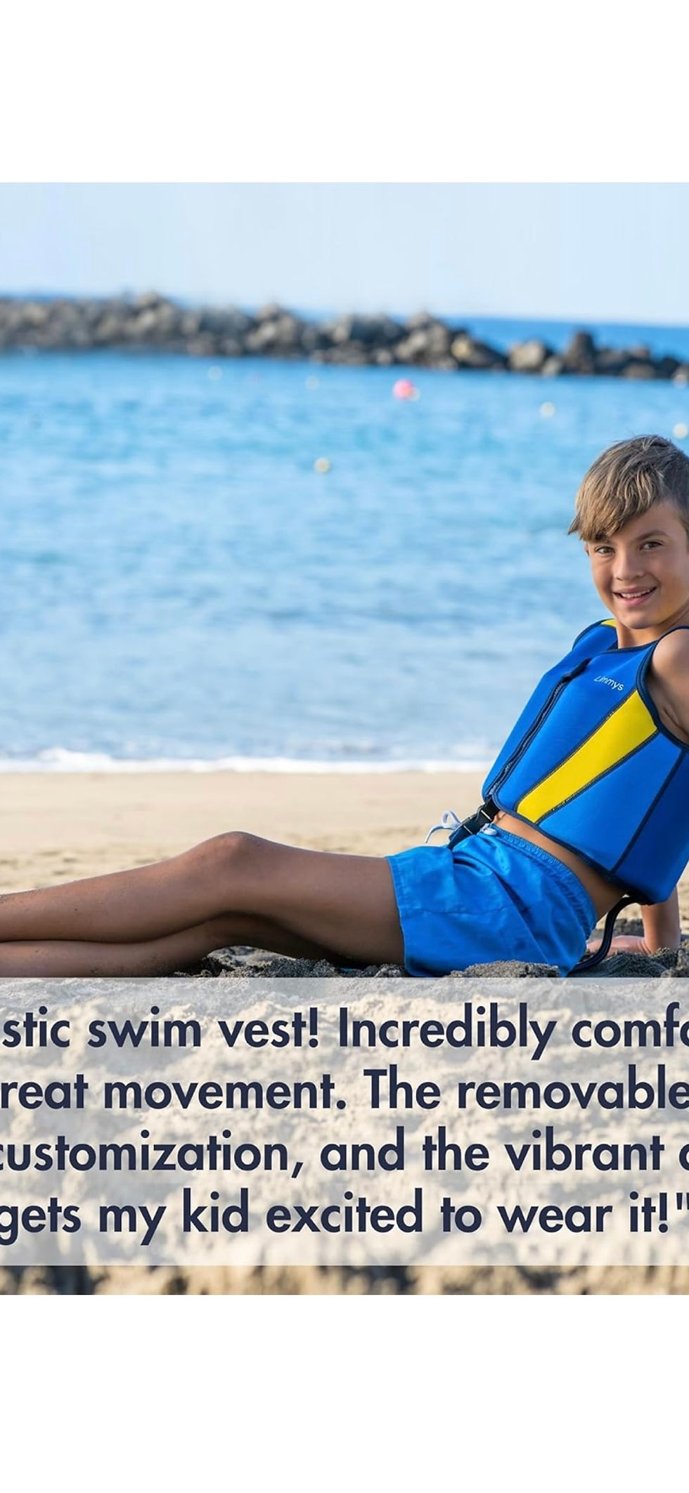 Thumbnail: Boy wearing swim vest on beach; Fantastic swim vest! Incredibly comfortable.