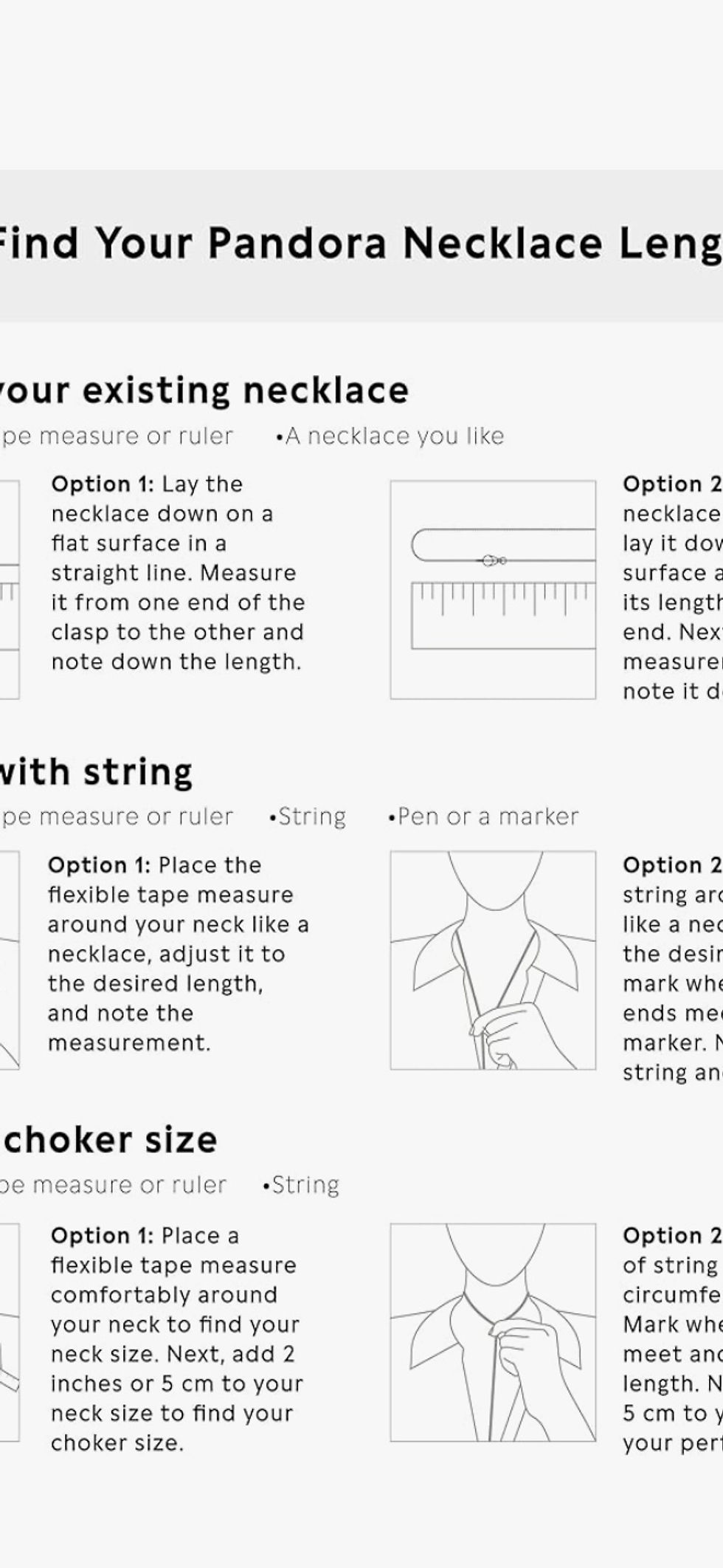 Miniatyrbild: Diagram showing how to find Pandora necklace length, step-by-step instructions provided.