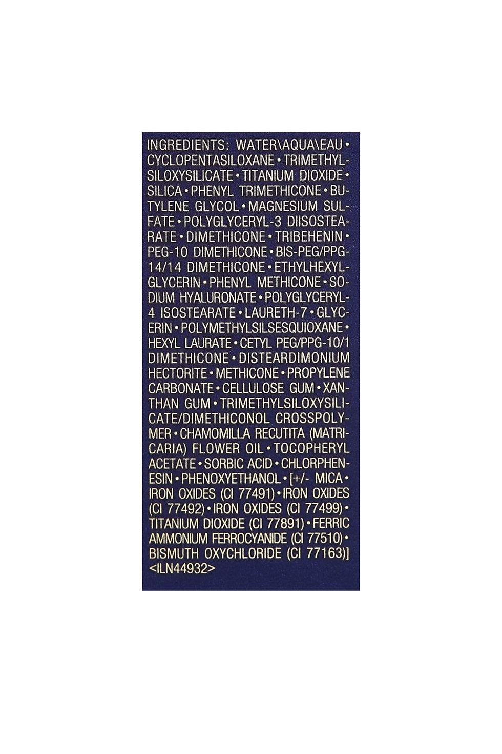 Миниатюра: Ingredients list with text on blue background and white font, product details.
