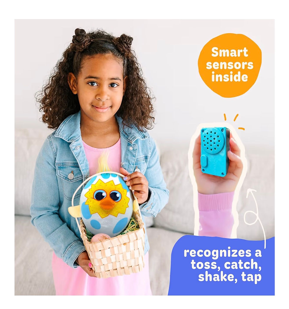 Thumbnail: Smiling girl holds toy chick in basket. "Smart sensors inside" device.