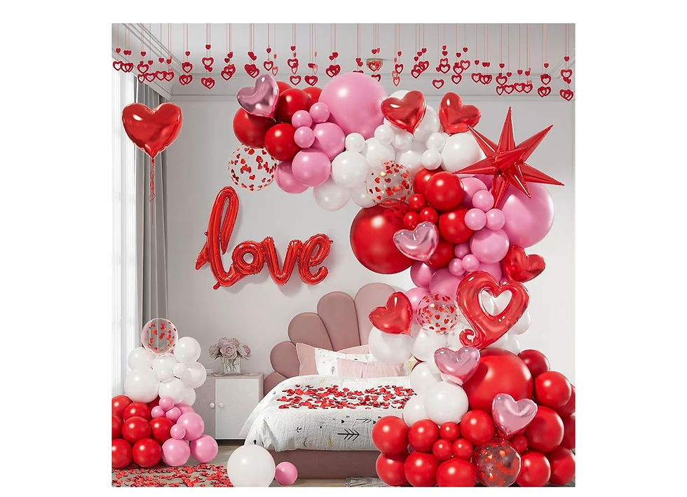 Miniature : Valentines Day bedroom with pink, white, red balloon garland, 'love' text.