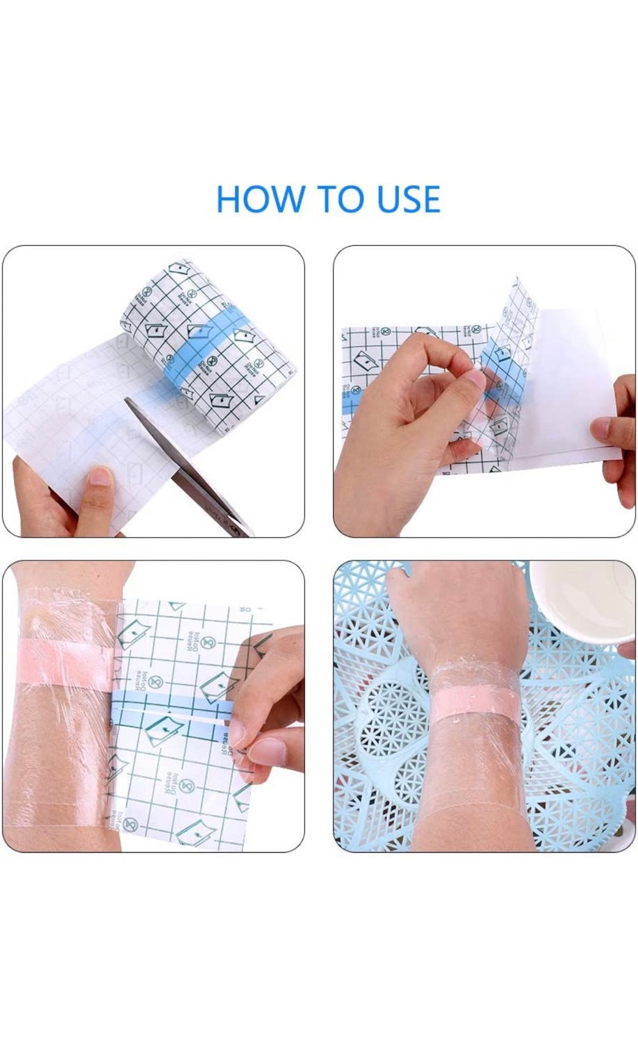 Miniatyrbild: Four-step guide on how to use clear waterproof bandage on wrist.