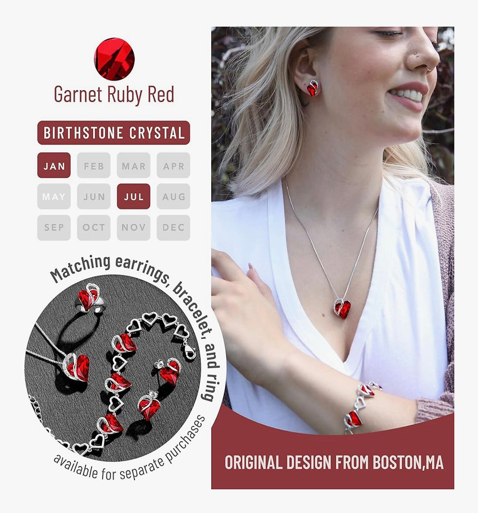 Miniatură: Woman models Garnet Ruby Red BIRTHSTONE CRYSTAL matching jewelry set.