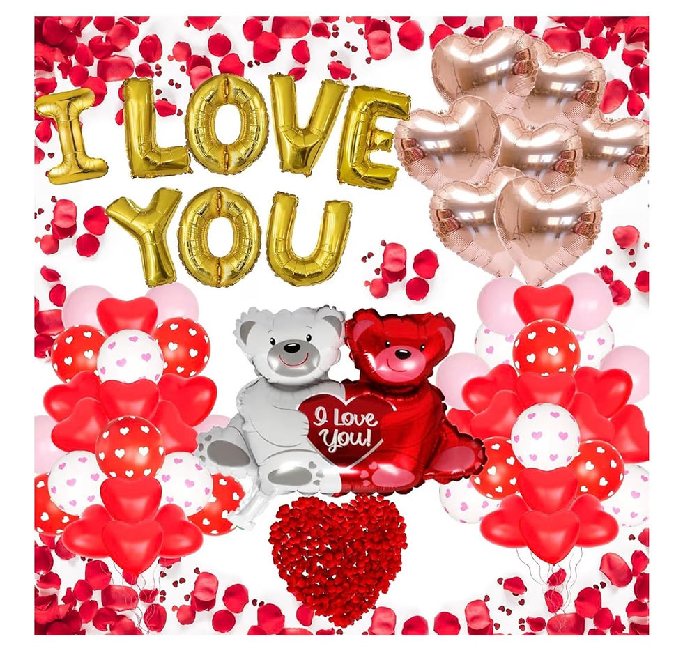 Miniatura: Gold "I LOVE YOU" balloons, teddy bears with "I love you!" heart, confetti.