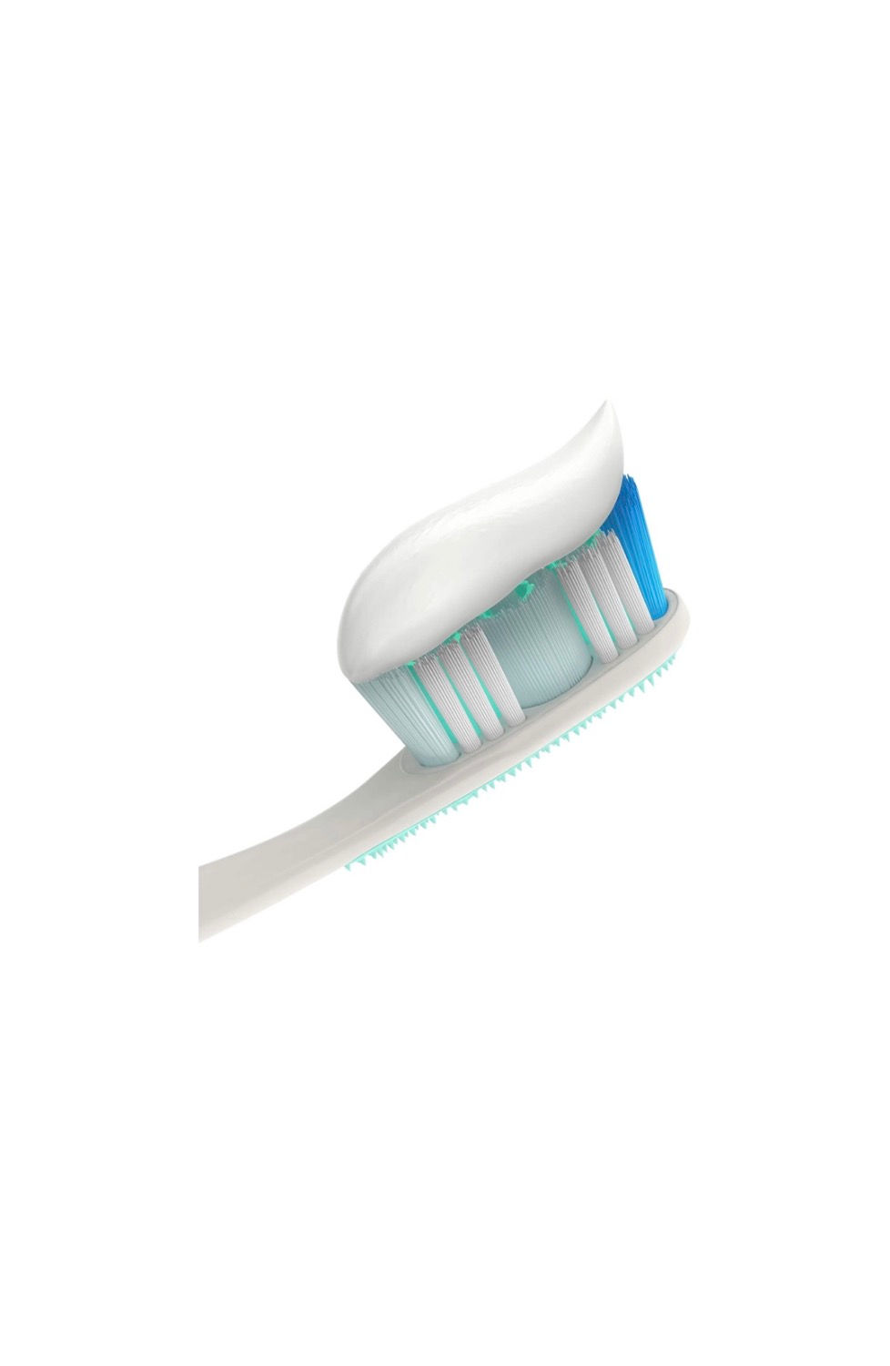 Миниатюра: Close-up of a toothbrush head with white toothpaste applied for dental hygiene.