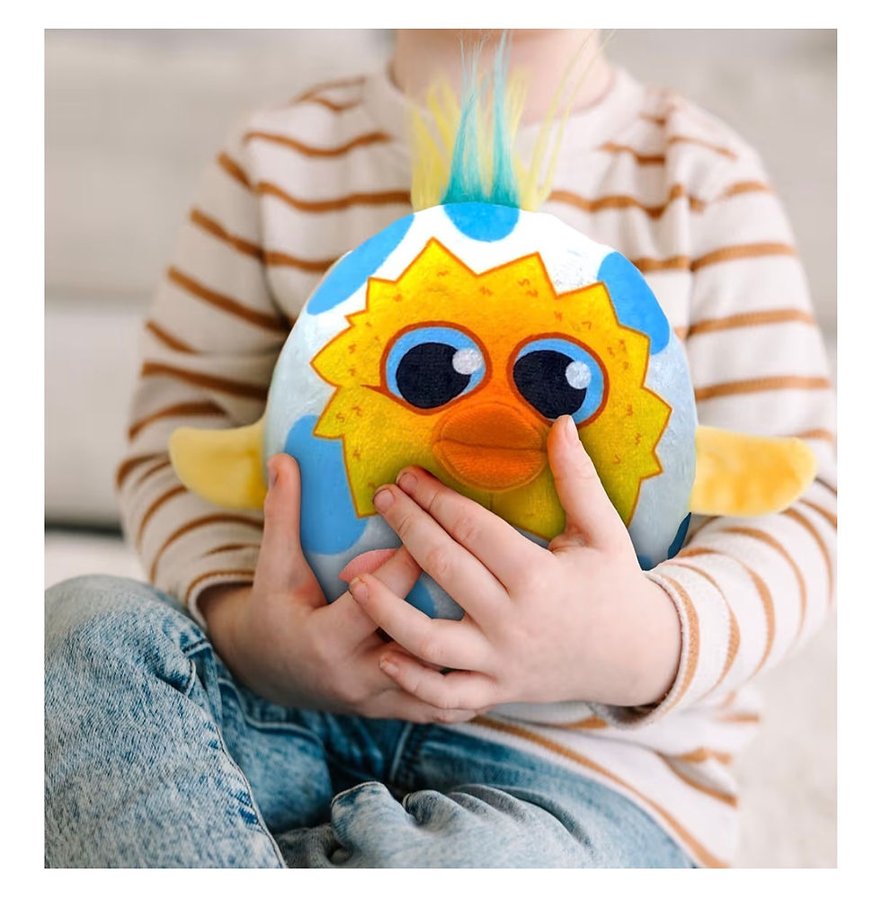 Thumbnail: Child holding a cute blue and yellow hatching chick plush toy.