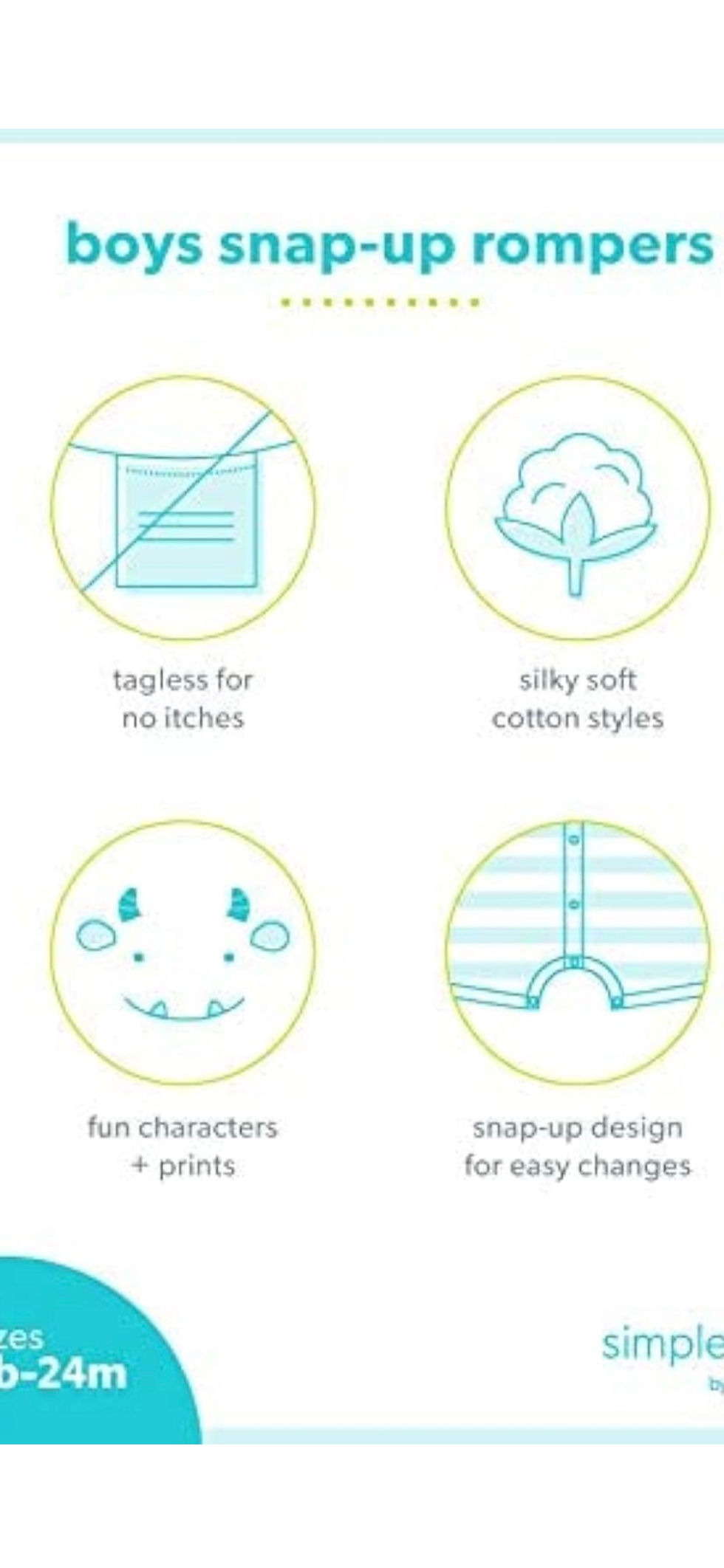 الصورة المصغرة: Four product features: Tagless, silky cotton, fun characters, and snap-up design shown.