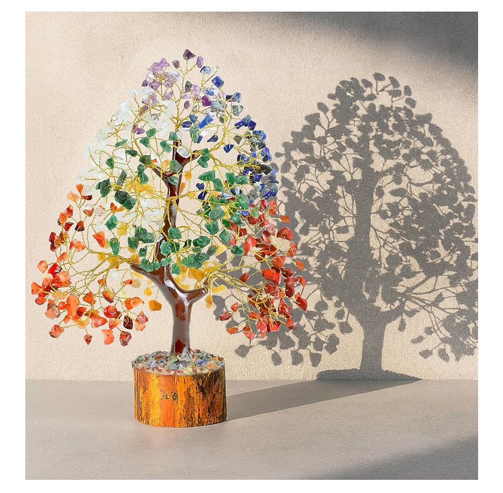 Miniaturbild: Colorful gemstone tree sculpture with shadow, standing on a wooden base.