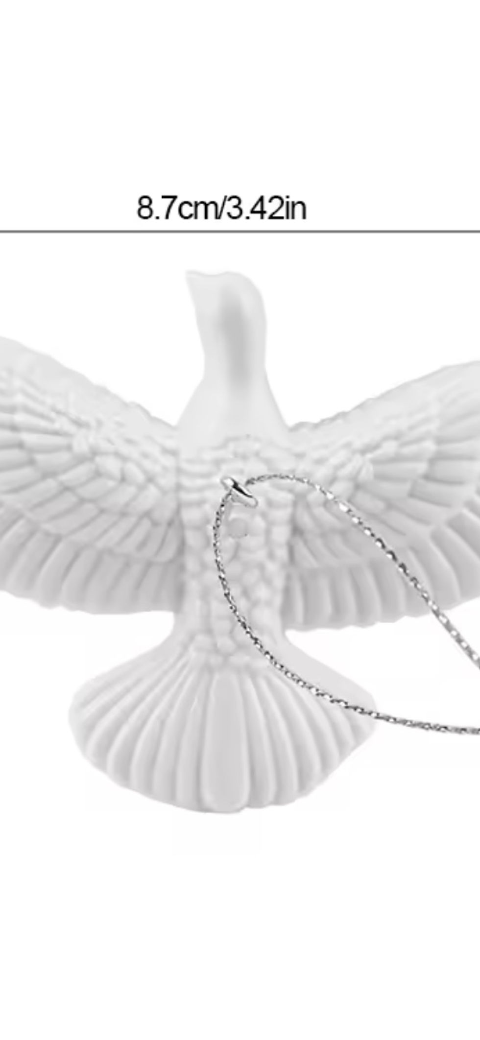 Miniaturebillede: White dove ornament with dimensions 8.7cm x 3.42in and 6.5cm x 2.55in for sale.