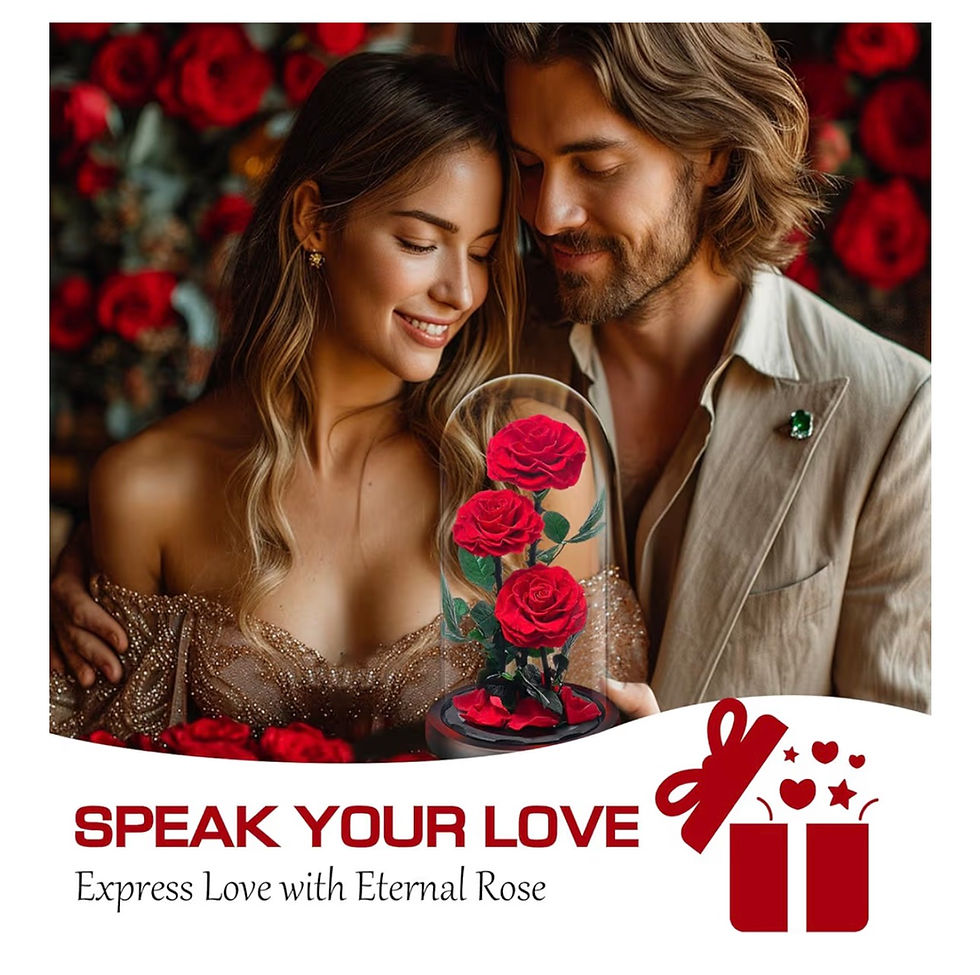 Миниатюра: Romantic couple admiring red roses in glass dome, "SPEAK YOUR LOVE".