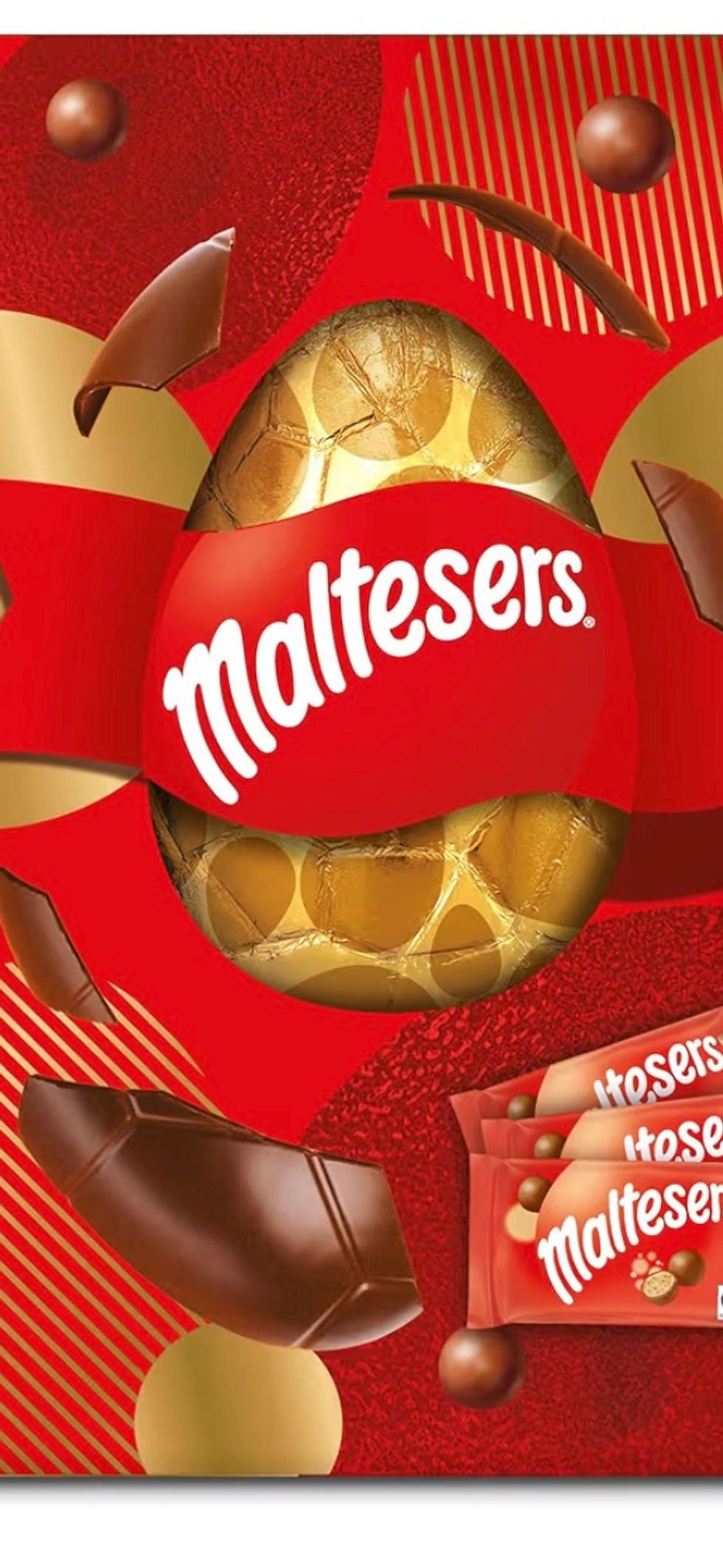 Miniaturbild: Maltesers Easter egg gift bag with visible candies and text, red background.