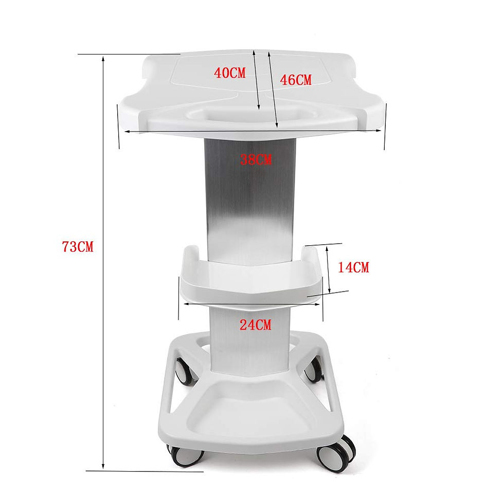Miniatura: White medical cart with measurements, including 73 cm, 28 cm, 14 cm, and 66 cm.