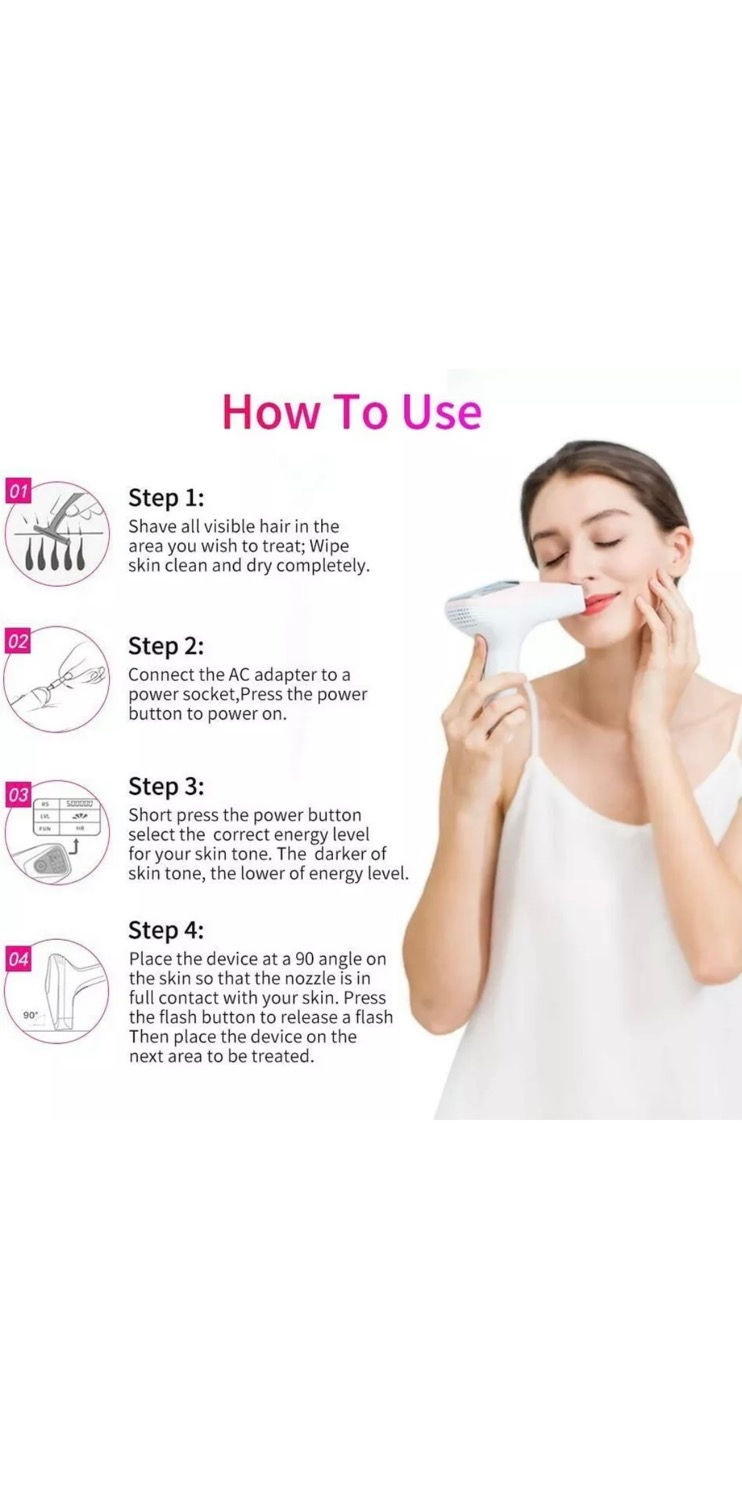 Thumbnail: Woman using a device, "How To Use" steps for skin treatment procedure.