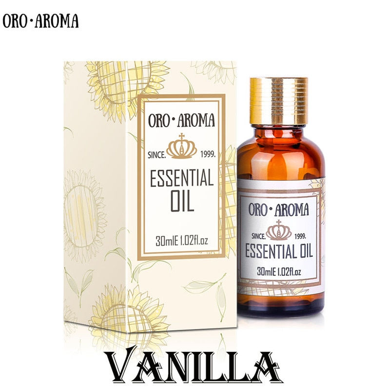 Миниатюра: Oro-Aroma Vanilla essential oil bottle and box with text on white background.