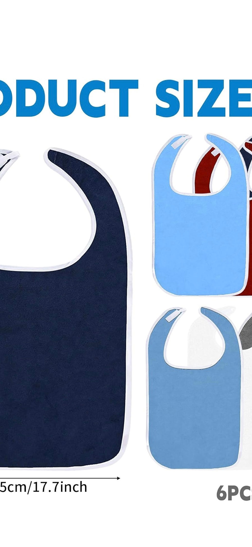 Miniatura: Product size graphic of multiple bibs with size information visible.