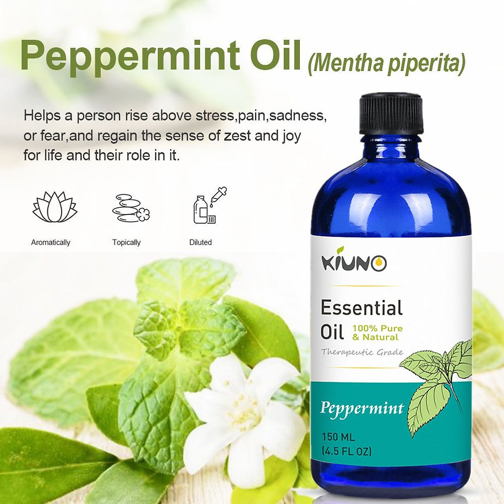 Thumbnail: Peppermint Oil bottle with text and leaves; essential oil product advertised.