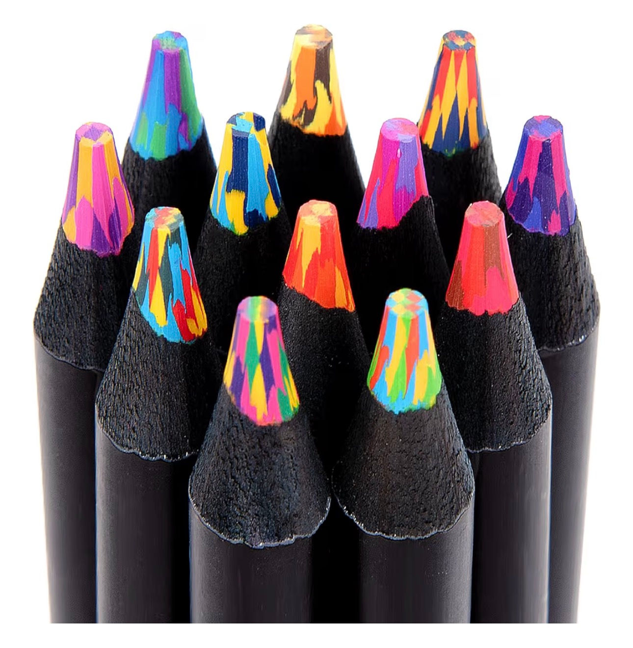 Close-up of black pencils with colorful, patterned tips on white background.
