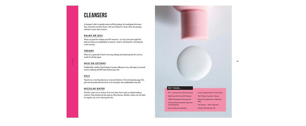 Miniatura: White cleanser with pink bottle, product description, and text about the product.