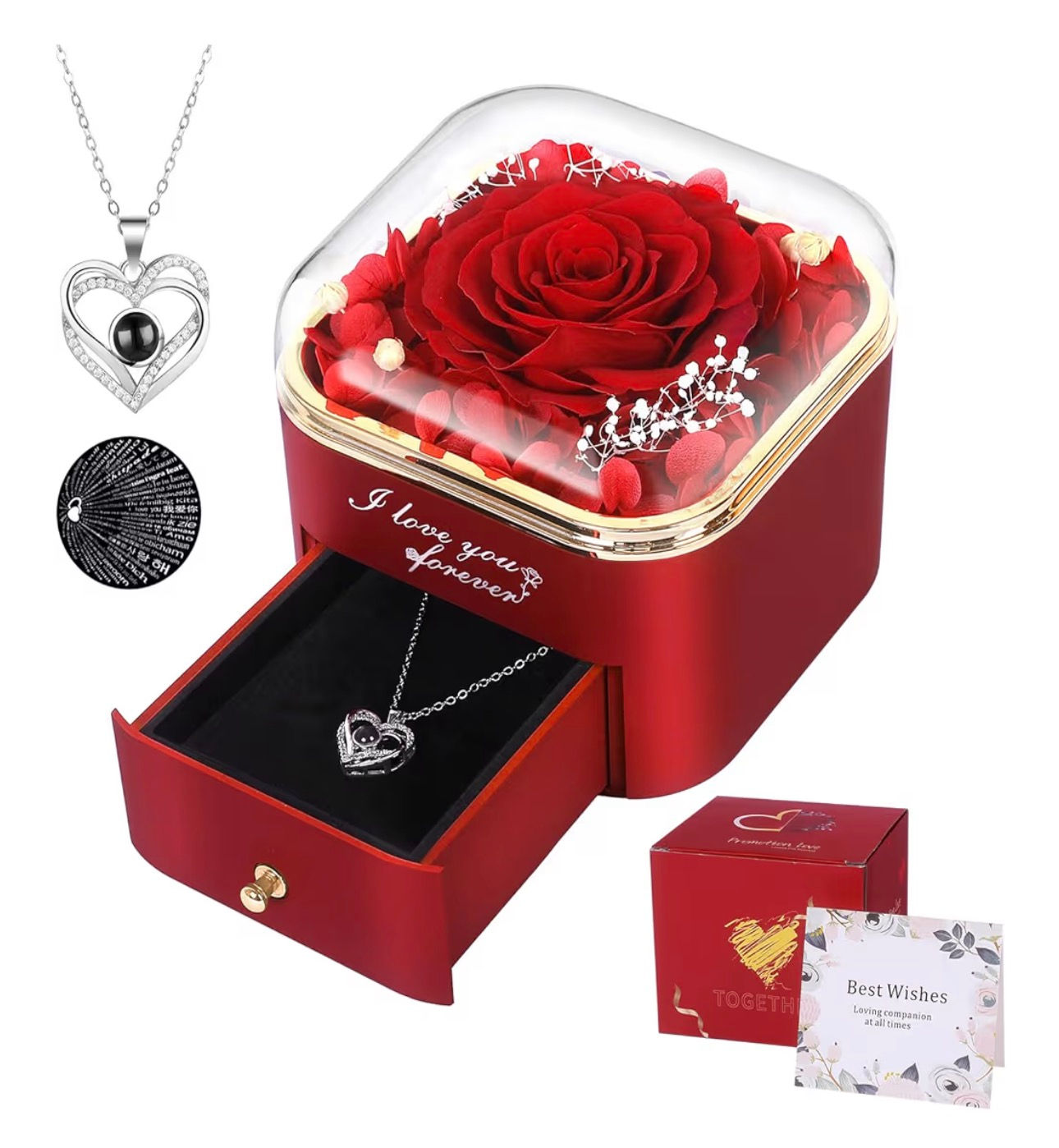 Firestyle Preserved Red Real Rose with I Love You Necklace in 100 Languages-Eter