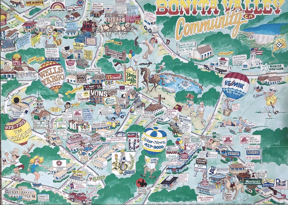 Bonita Valley Community Cartoon Map | 1992 | Town Square Graphics, Inc | From the collection of the Bonita Historical Society | Click on image to enlarge.