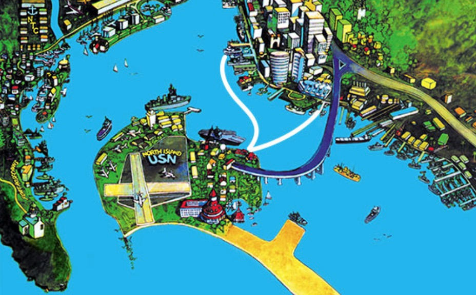 Coronado Ferry connections are shown by the white lines. One voyage takes you to the Broadway Pier and the other to the San Diego Convention Center.