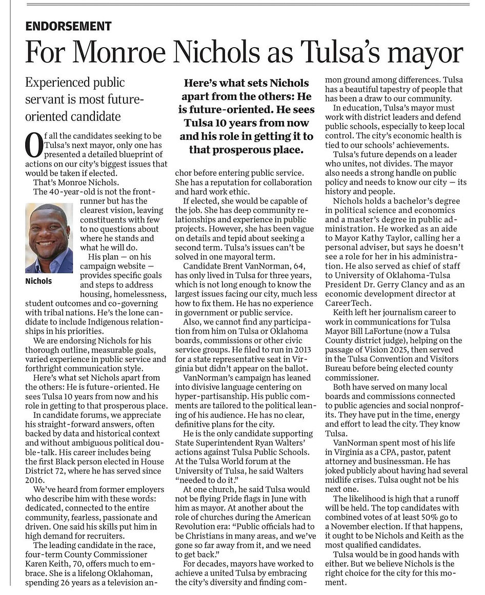Tulsa World Endorsement Article