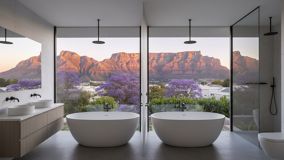 Eye-level view of a modern bathroom with sleek fixtures and warm lighting