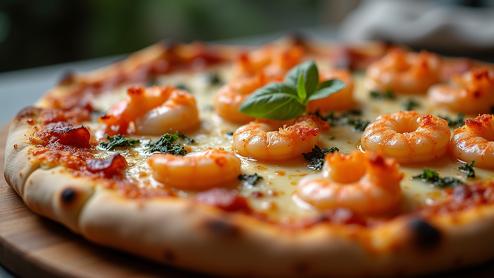 Eye-level view of a freshly baked seafood pizza topped with prawns and herbs