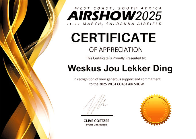 Certificate of Appreciation presented to Weskus Jou Lekker Ding by West Coast Airshow