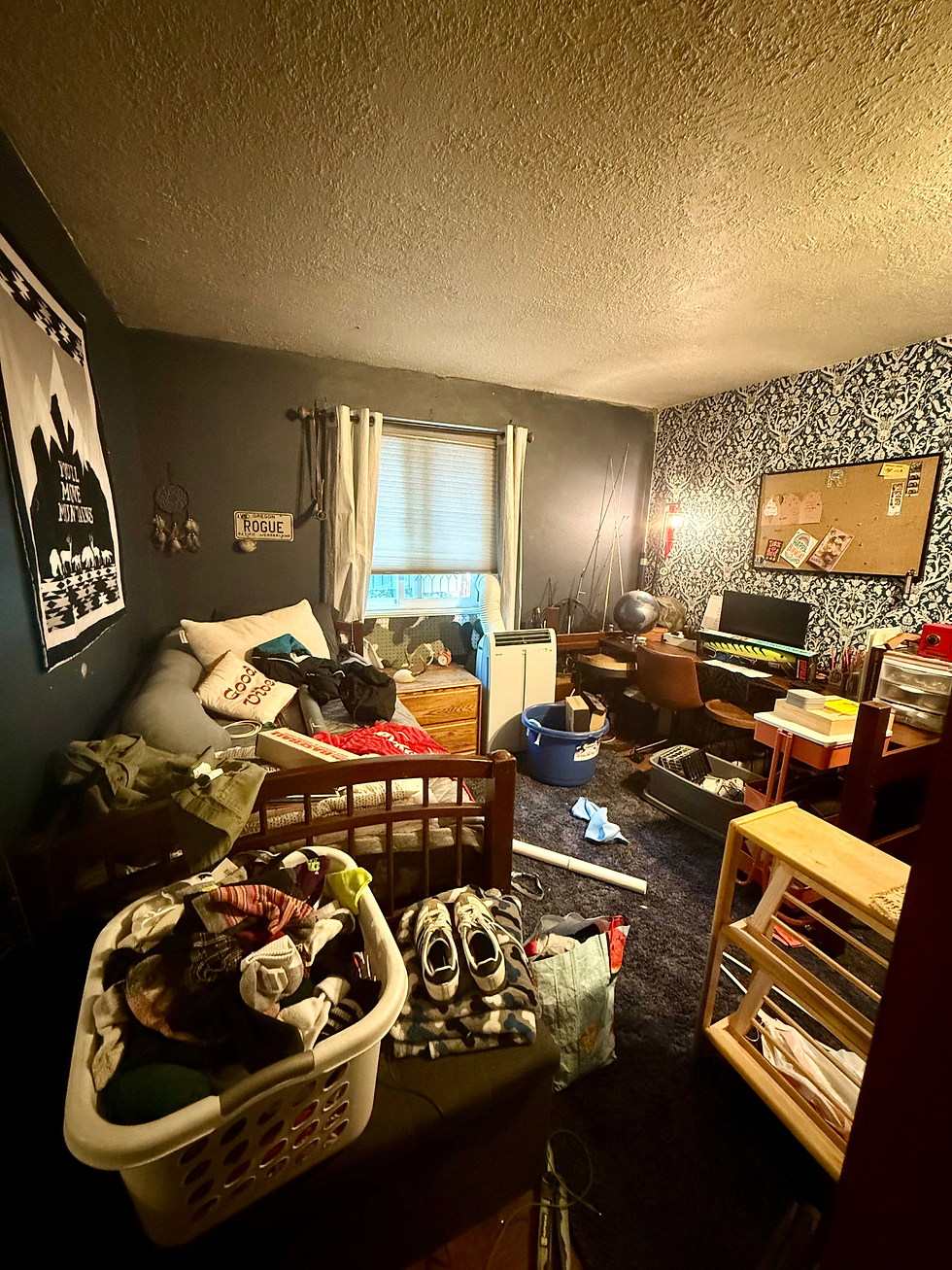 Cluttered bedroom and home office before decluttering and organization